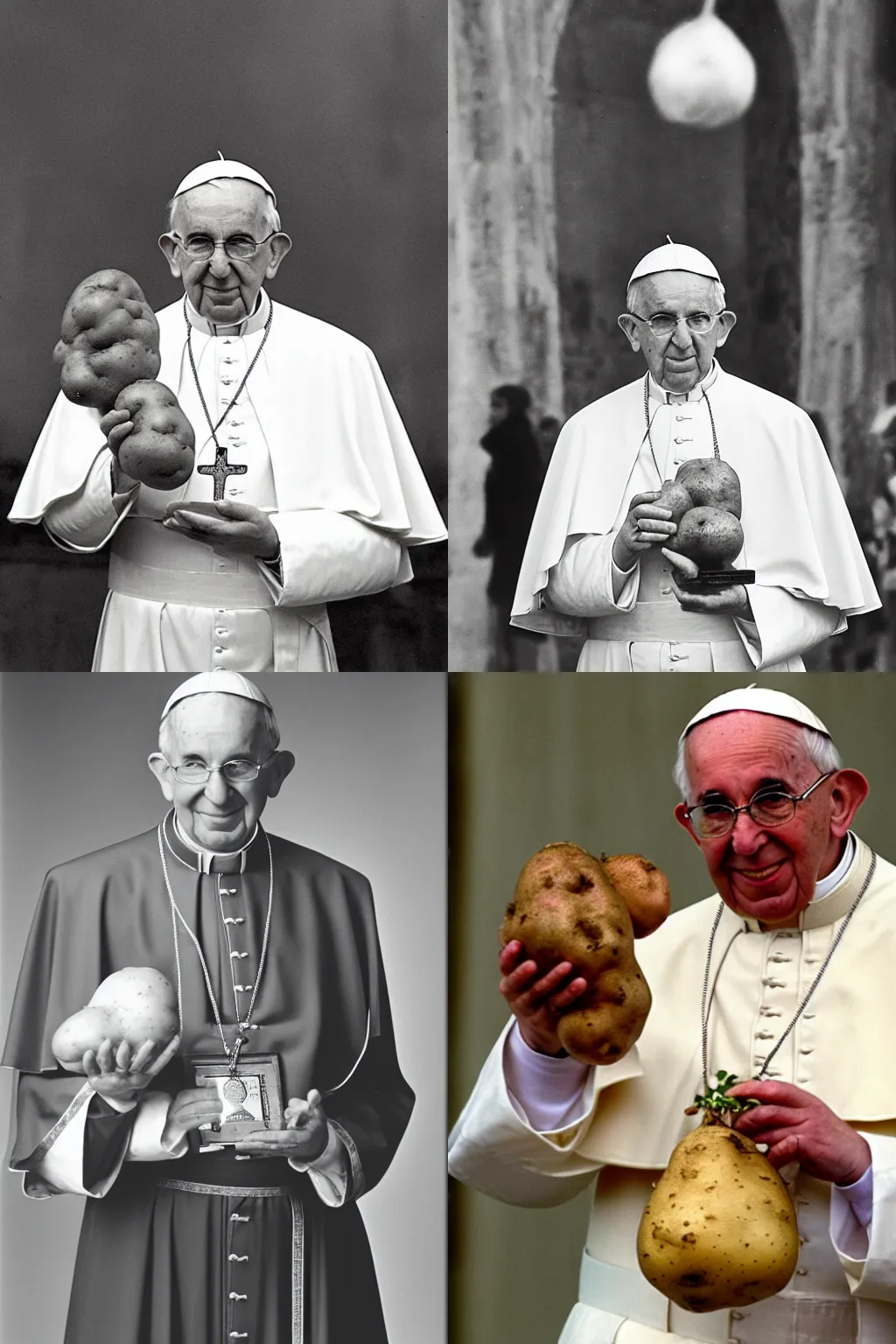 Prompt: Pope John Paul the Second holding a potato, award winning photo, slight yellow hue