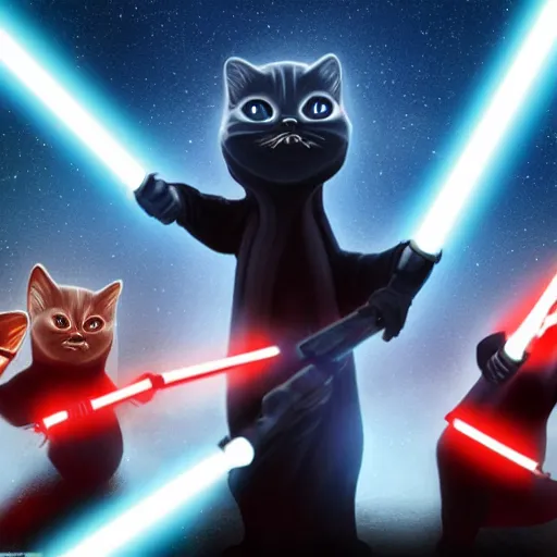 Image similar to Sith kitties in light saber battle with jedi puppies, high quality, detailed, digital art, 4K, OLED, shadows, reflections, Star wars background