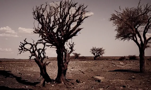 Image similar to medium shot of a nondescript crying ancient dried up Danu, peaceful, facing the camera and standing in front of a dried up river in a desolate land, dead trees, blue sky, hot and sunny, highly-detailed, elegant, dramatic lighting, artstation, 4k, cinematic landscape, photograph by Elisabeth Gadd