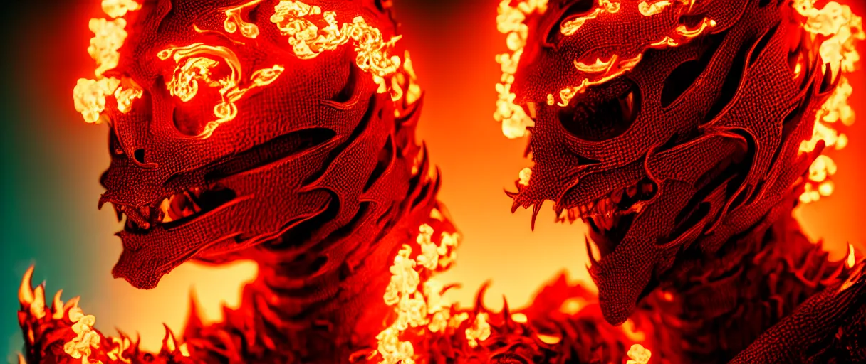 Prompt: hyperrealist highly detailed english medieval portrait of high fashion monster wearing flame fire smoke flame armor, radiating atomic neon corals, veiny network growth with neon magmapattern, concept art pascal blanche dramatic studio lighting 8k wide angle shallow depth of field