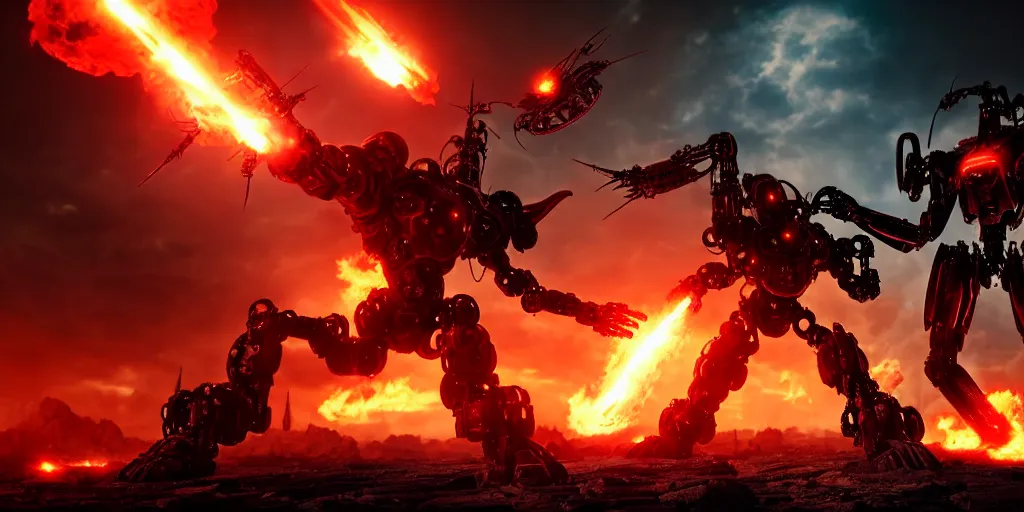 Image similar to cybernetic war at the gates to hades, mecha - warrior battling an alien cyborg in a fiery clash at the gates of hell, 8 k resolution, octane render, photorealistic illustration, low angle pov, dramatic lighting, cinematic fight imagery,