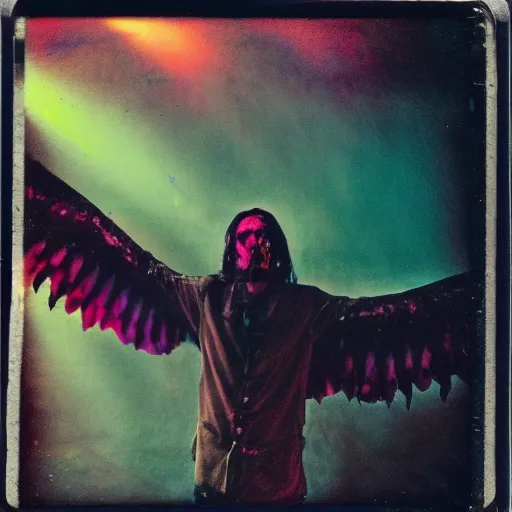 Image similar to a dying devil with tar drip wings standing in the shade of the backlit cosmic light, rich decaying bleeding colors a polaroid picture taken by hollywood