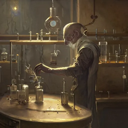 Prompt: dark elf dressed as alchemist working in laboratory, oil painting, by Greg Rutkowski