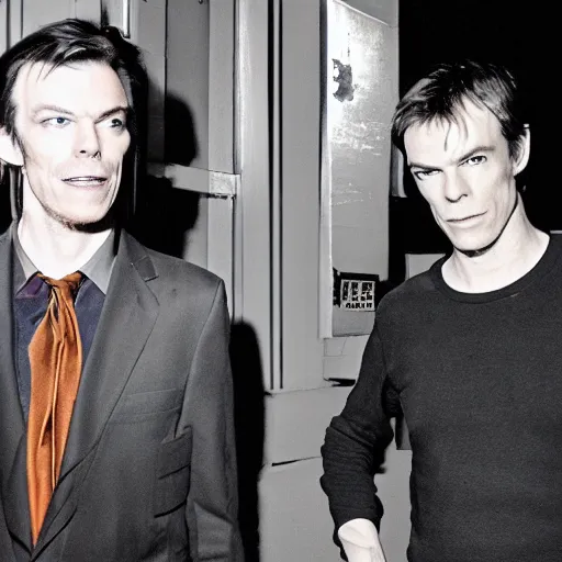 Image similar to David bowie and Michael c hall standing in the streets, nightlife, cityscape, surrealist