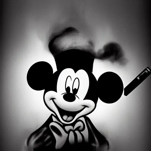 Image similar to a portrait of mickey mouse with tears in his eyes smoking a cigar, gritty, black and white, emotional, epic lighting, artistic, high fashion