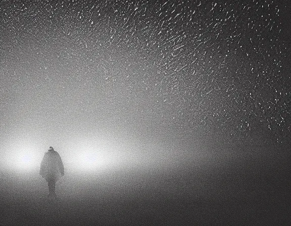 Prompt: film photograph of vagrant at night volumetric fog