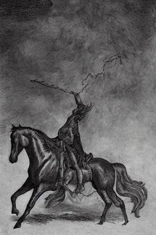 Prompt: irish mythical creature is a headless horseman that is known as a foreteller of death. rising a headless black horse, the dullahan carries his own head under one arm