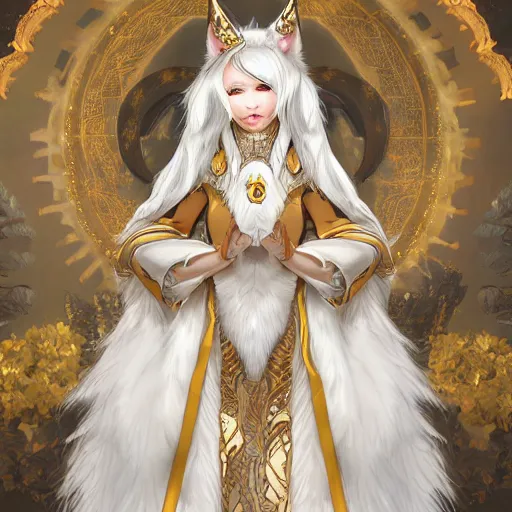 Image similar to commissioned full body furry portrait of a female anthro wolf-headed princess fursona with white hair wearing a white and gold chinese armored dress in a white and gold palace, by Wlop and jerry park, artstation, extremely detailed