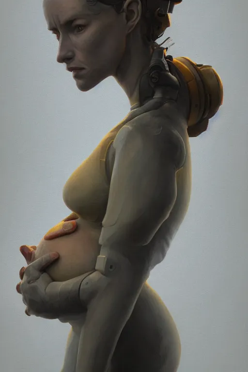 Prompt: female robot pregnant, portrait, dystopian, digital painting, sculpted in zbrush, artstation, concept art, sharp focus, illustration, chiaroscuro lighting, golden ratio, rule of thirds, by artgerm greg rutkowski wlop simon stalenhag, unreal engine 5, metahumans