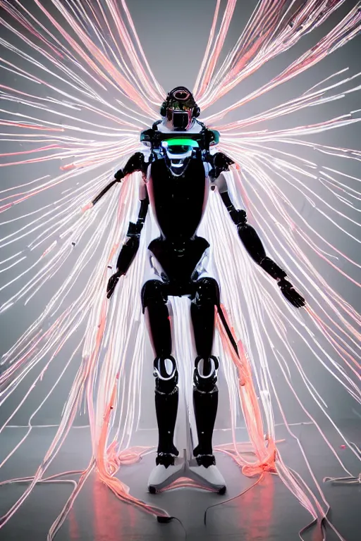 Image similar to full-body baroque and bladerunner style white neon and ceramic statue of a muscular attractive Spanish robot god humanoid wearing a see-through silk cloak sim roupa, posing like a falling model, suspended from the ceiling with thick neon cables, glowing peach face, street hoody of red steampunk lasers, emeralds, swirling silver silk fabric. futuristic elements. oozing glowing liquid, full-length view. space robots. human skulls. throne made of bones, intricate artwork by caravaggio. Trending on artstation, octane render, cinematic lighting from the right, hyper realism, octane render, 8k, depth of field, 3D