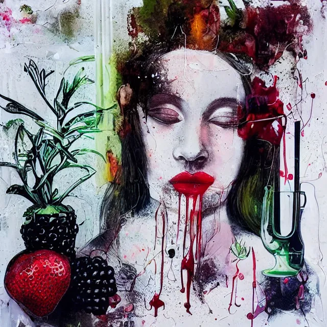 Prompt: “ sensual portrait in a female art student ’ s apartment, brain, fresh fruit, berries, plants in scientific glassware, art materials, candle dripping white wax, berry juice drips, neo - expressionism, surrealism, acrylic and spray paint and oilstick on canvas ”