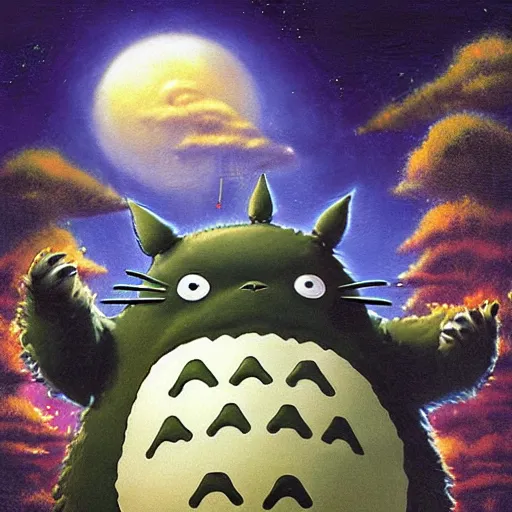 Prompt: totoro from my neighbor totoro covered in soot sprites lifting him up, Greg Hildebrandt, Mark Keathley