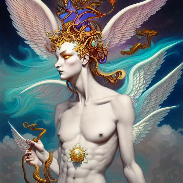 Prompt: stylized painting of an psychedelic angelic celestial being mythical creature by peter mohrbacher, by jung gi kim, trending on artstation, winged head, white gold skin, ayahuasca, sacred geometry, esoteric art