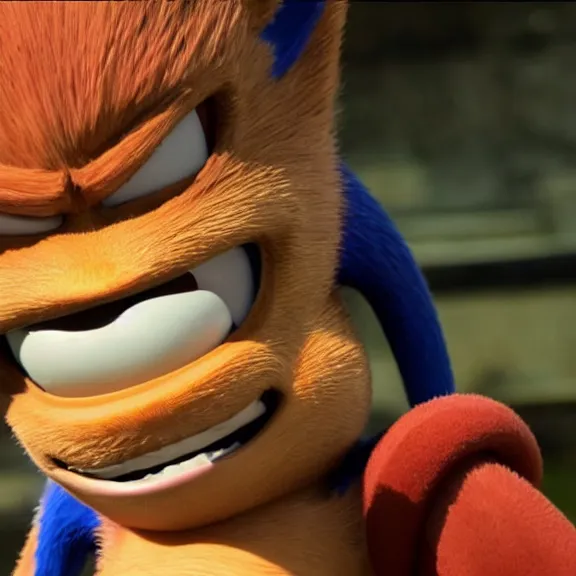 Prompt: High definition picture of ugly sonic with a toothache grin snarling at eggman