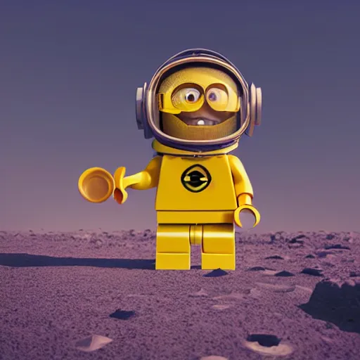 Image similar to lego minion astronaut on the moon by goro fujita by filip hodas and beeple, realism, sharp details, cinematic, highly detailed, digital, 3 d, yellow colors