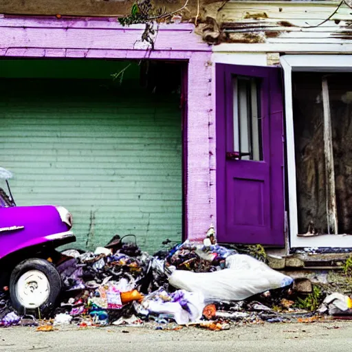 Image similar to run down house with trash in front of it with purple golf cart parked on street.