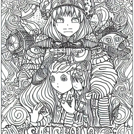 Prompt: adult coloring page of a fantasy adventure by Studio Ghibli