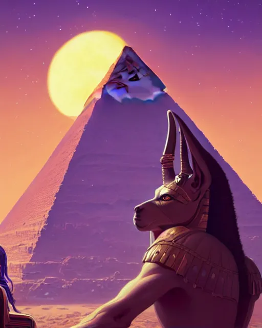 Image similar to highly detailed vfx portrait of a egyptian god anubis talking to horus with pyramid behind them, sky galaxy purple, unreal engine, greg rutkowski, loish, rhads, beeple, makoto shinkai and lois van baarle, ilya kuvshinov, rossdraws, tom bagshaw, alphonse mucha, global illumination, detailed and intricate environment