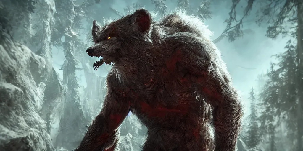 Prompt: 8k ultra realistic werewolf videogame promotional art, full of colour, cinematic lighting, trending on artstation, focused, extreme details, unreal engine 5, cinematic