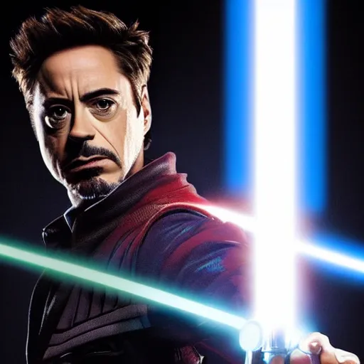 Prompt: Robert Downey Jr holding a lightsaber dramatically, 4k, very detailed, backlit