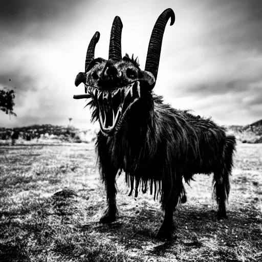 Image similar to horror photography, cinematic, moody, screeching mutant goat monster with a mouth crammed full of sharp teeth and filthy matted fur