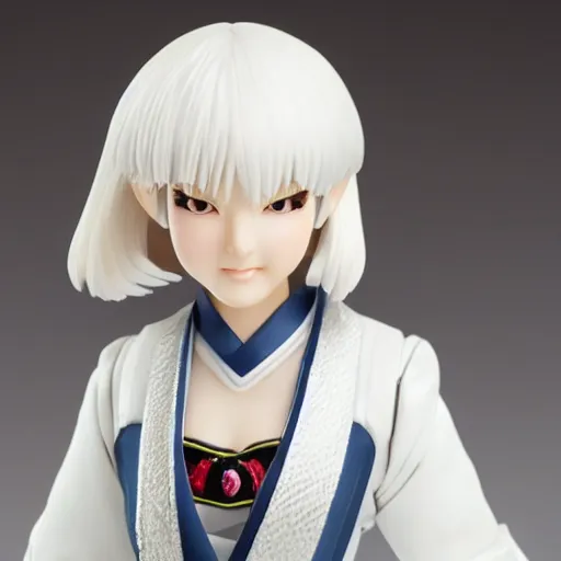 Image similar to a japanese princess young lady, with white hair and bangs!!!! beauty, anime action figure, well lit, studio light, painted action figure, toy advertisement