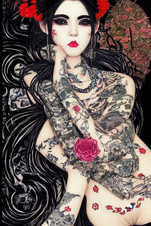 Image similar to portrait of goth yakuza girl with tattoo, highly detailed, artstation, illustration, art by Gustav Klimt