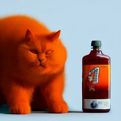 Prompt: a fluffy orange cat standing next to a bottle of medicine. animal. digital art. artstation. illustration. octane render.