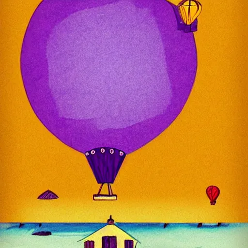 Prompt: a hot air balloon floats over a beach at violet sunset, whimsical and flat art style