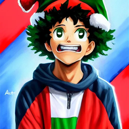 Image similar to an oil painting of a izuku midoriya wearing a hip - hop rap christmas hat, by artgerm, hd, hdr, ue 5, ue 6, unreal engine 5, realistic anime 3 d style, cinematic 4 k wallpaper, 8 k, ultra detailed, gta cover art, high resolution, artstation, award winning