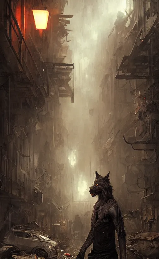 Image similar to hyperrealistic, Portrait of a werewolf in a dark alley, torn clothing, fantasy, urban, highly detailed, cinematic lighting, digital art painting by greg rutkowski