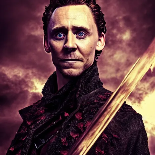 Image similar to portrait of a Tom hiddleston as a warlock ,Grim fantasy, D&D, HDR, natural light, shoulder level shot, dynamic pose, award winning photograph, Mucha style 4k,