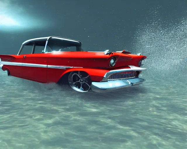 Image similar to red 1 9 5 8 plymouth fury submerged under water, cinematic, photoreal, by red dead redemption 2