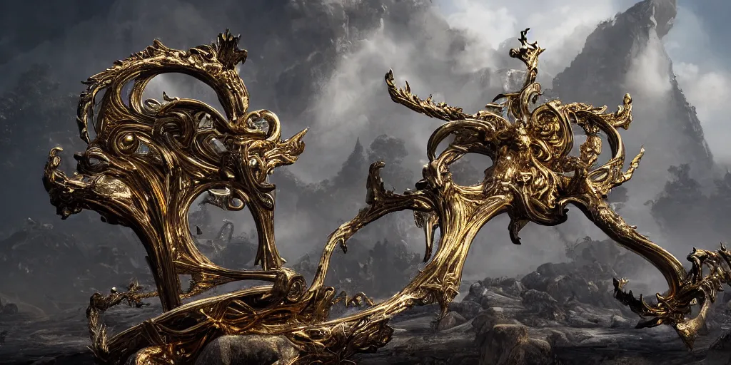 Prompt: white bird skulls, gold ram skulls, copper goat skulls, grand imposing powerful sculpture. swirls of mist. occult photorealism, uhd, amazing depth, volumetric lighting, cinematic lighting. epic landscape.