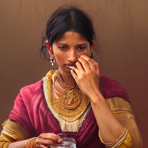 Prompt: portrait painting of a nepali brahmin female drinking red wine, ultra realistic, concept art, intricate details, eerie, highly detailed, photorealistic, octane render, 8 k, unreal engine. art by artgerm and greg rutkowski and alphonse mucha