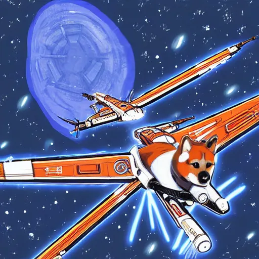 Prompt: A Shiba Inu piloting an X-Wing, engaged in a vicious dogfight, digital art