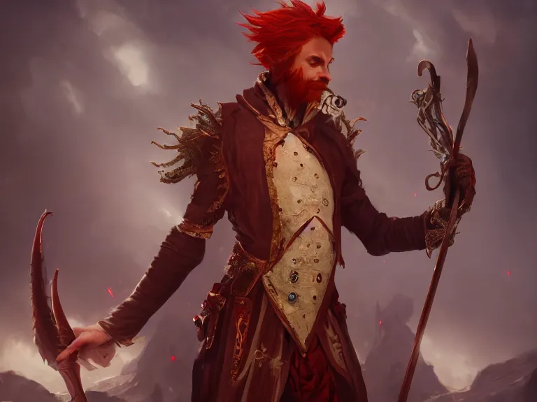 Prompt: Red Headed Slender Male Bard looking Fantastical Sings, RPG Character Reference, Oil Painting, Trending on Artstation, octane render, Insanely Detailed, 8k, HD