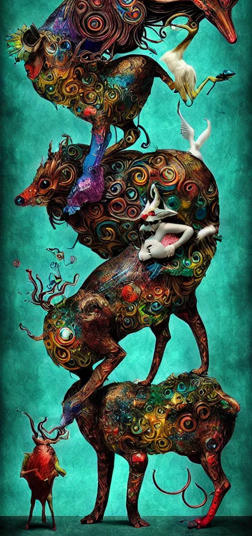 Image similar to strange mythical beasts of whimsy, surreal dark uncanny mixed media colllage by ronny khalil