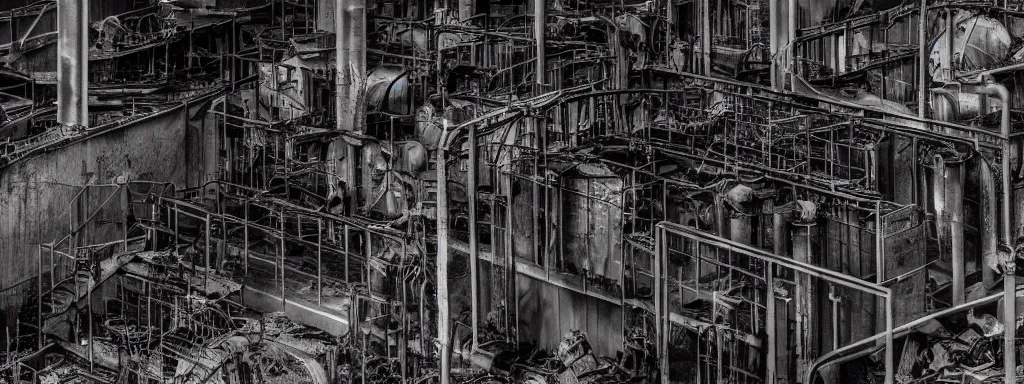 Prompt: a photo of an abandoned factory with its furnaces still lit, an album cover by hallsteinn sigurðsson, trending on behance, figuratism, chillwave, concert poster, poster art, black background, high contrast, noisy