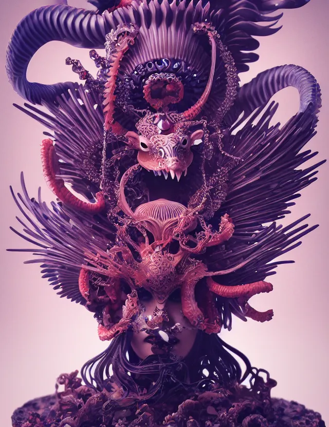 Image similar to 3 d goddess of hell close - up profile portrait with ram skull. beautiful intricately detailed japanese crow kitsune mask and clasical japanese kimono. betta fish, jellyfish phoenix, bio luminescent, plasma, ice, water, wind, creature, artwork by tooth wu and wlop and beeple and greg rutkowski