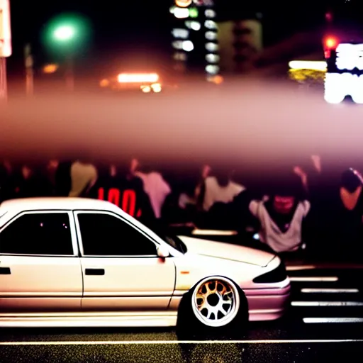 Image similar to a car JZX100 at illegal car meet, Shibuya prefecture, city midnight mist, cinematic color, photorealistic, highly detailed, 200MM