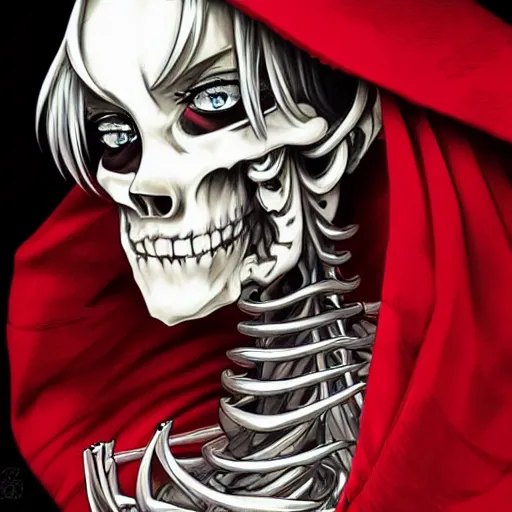 Image similar to anime manga skull portrait young woman skeleton, profile, red riding hood, unreal engine, Disney, intricate, elegant, highly detailed, digital art, art by JC Leyendecker and sachin teng