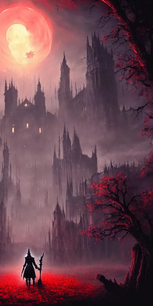 Image similar to abandoned bloodborne old valley with a person at the centre and a ruined gothic city at the end with a big castle, trees and stars in the background, falling red petals, epic red - orange moonlight, perfect lightning, wallpaper illustration by niko delort and kentaro miura, 4 k, ultra realistic