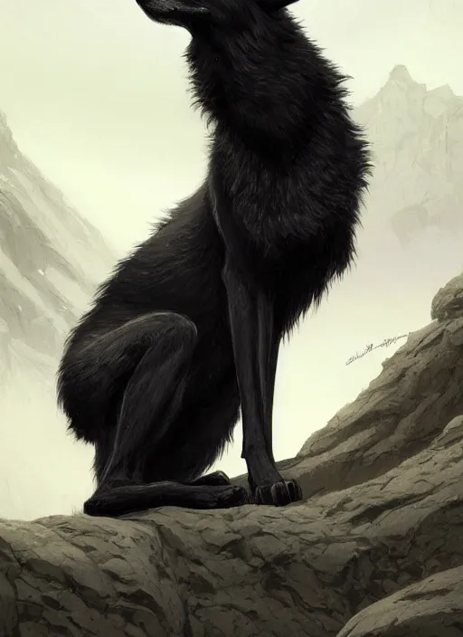 Prompt: a black wolf sitting looking forward, art nouveau, D&D, fantasy, elegant, highly detailed, digital painting, artstation, concept art, matte, sharp focus, illustration, art by Artgerm and Greg Rutkowski and WLOP