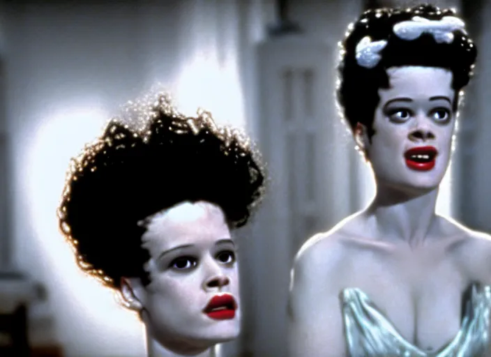 Image similar to bride of frankenstein as a teen, still from john hughes movie sixteen candles