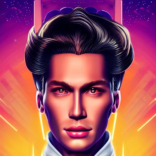 Image similar to a stunning glamor profile portrait of an art deco synthwave man, 80s nostalgia, by Evelyn De Morgan and Ross Tran, rossdraws