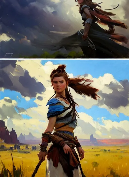 Prompt: Greg Manchess painting of Aloy from Horizon Zero Dawn, countryside, calm, fantasy character portrait, dynamic pose, above view, sunny day, thunder clouds in the sky, artwork by Jeremy Lipkin and Giuseppe Dangelico Pino and Michael Garmash and Rob Rey, very coherent asymmetrical artwork, sharp edges, perfect face, simple form, 100mm