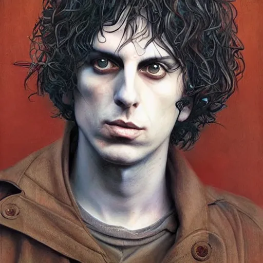 Image similar to amazing artgerm portrait of syd barrett as a preraphaelite painting, collaboration with j. scott campbell and artgerm with edward burn jones
