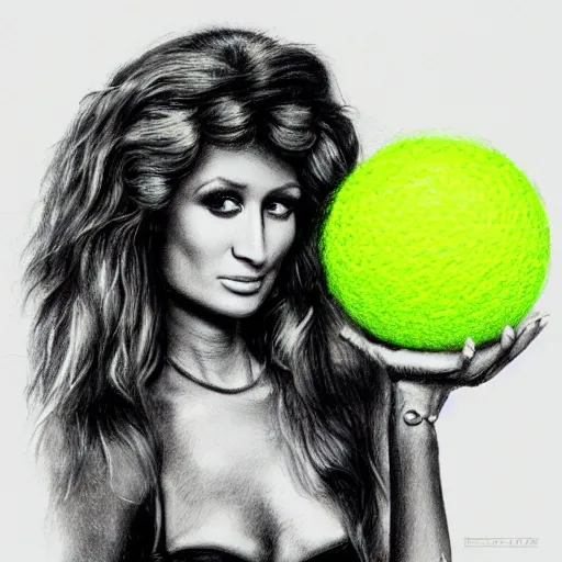 Prompt: a Paris Hilton, woman, paris hilton tennis ball monster, tennis ball, chalk, digital art, fantasy, magic, trending on artstation, ultra detailed, professional illustration by Basil Gogos