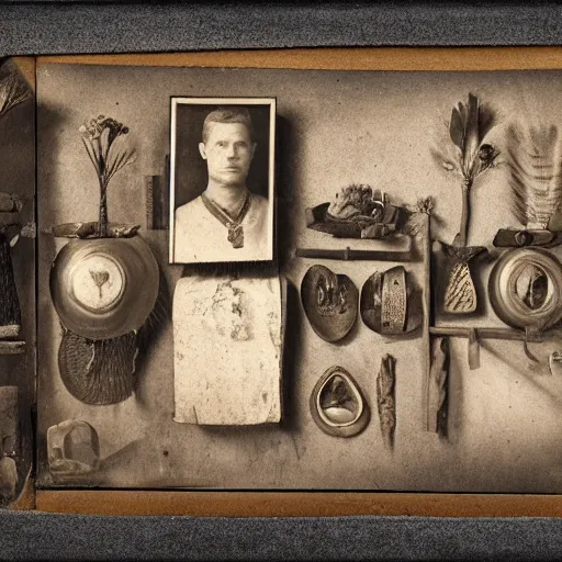 Image similar to Tintype photograph of primitive objects displayed in an ethnographic museum, archive material, anthropology, 1920s studio lighting.